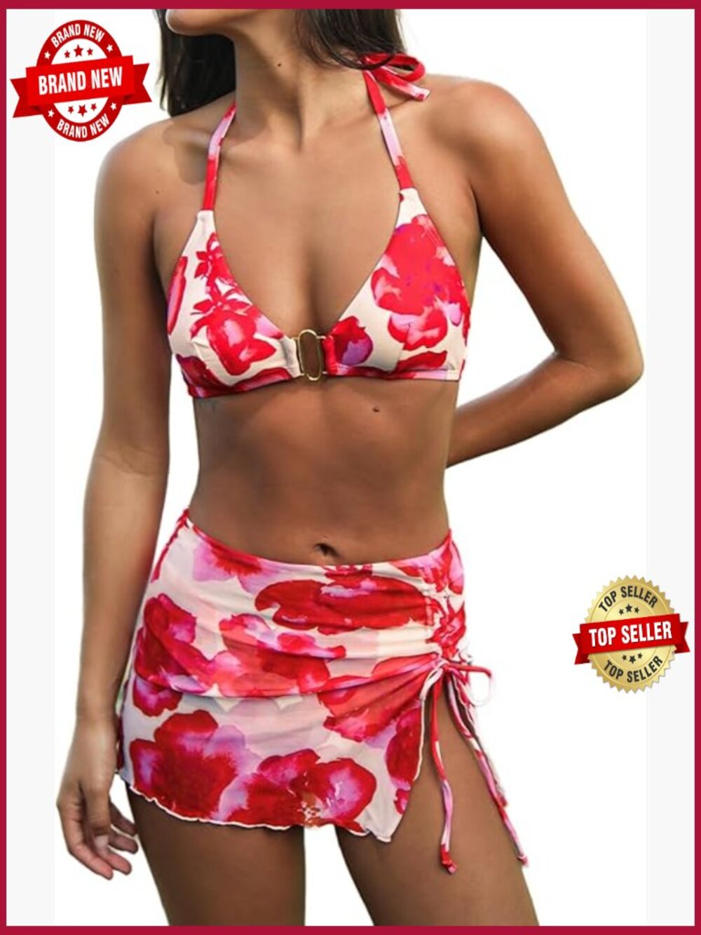 Three Piece V Neck Halter Bikini Set with Mesh Sarong Skirt